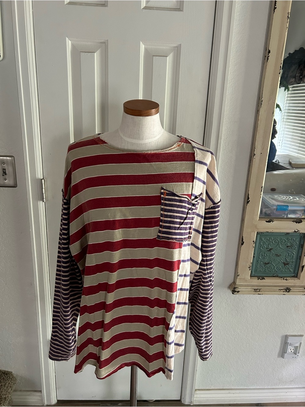 We The Free Mixed-Stripe Crewneck Sweater in Red, Cream & Navy